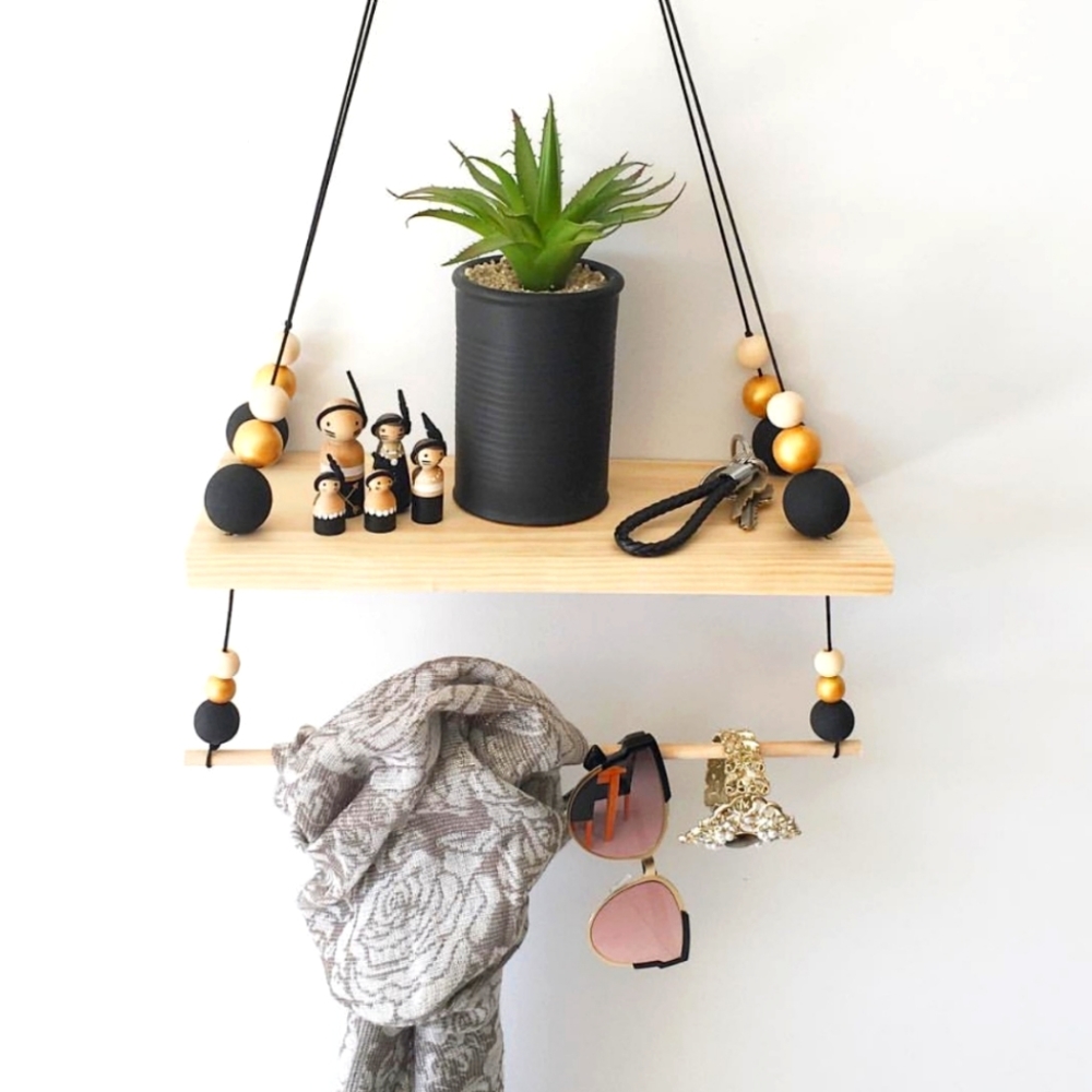 Bohemian Wood Hanging Wall Rack w/ Bead Accents - Picture 1 of 1